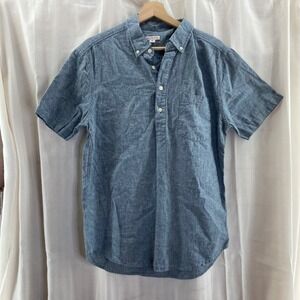 Merona Chambray Short Sleeve Button Up Shirt Men's Size Medium Blue Linen Blend‎
